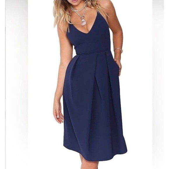 Navy Blue Midi Dress XL Cross Back Spaghetti Straps Pockets Wedding - Picture 1 of 11